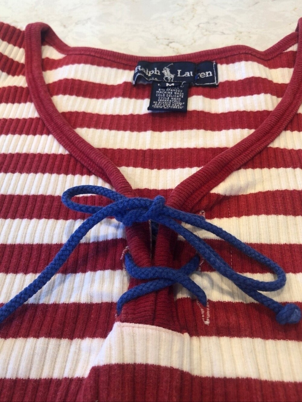 Ralph Lauren Womens's Red and White Striped Lace-Up Ribbed Tee with Blue Tie